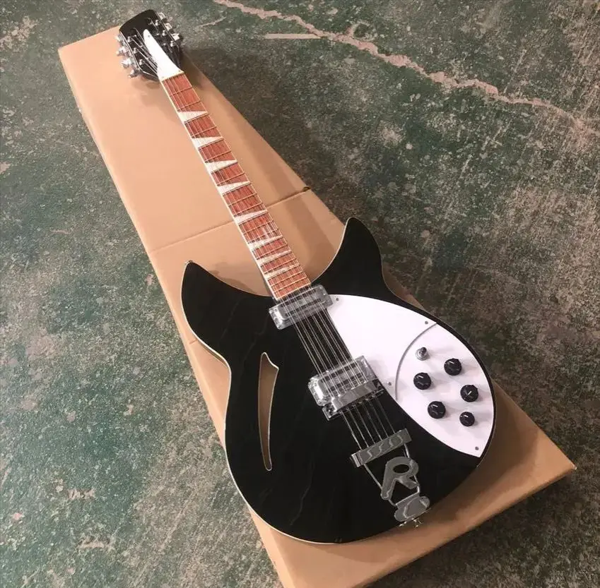 

In stock, Rickenbacker 360 electric guitar, 12 string black semi hollow, white protective plate, wholesale and retail.