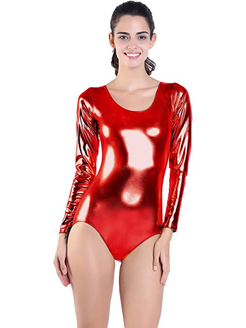 Dorosły błyszczący metaliczny z wycięciem z długim rękawem strój do tańca baletowego trykoty gimnastyka body kostium sceniczny kombinezon
