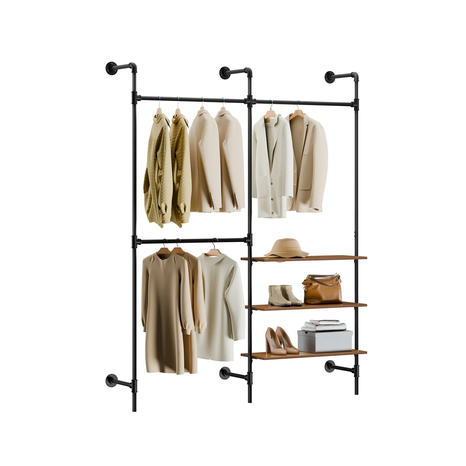 SoBuy KLS18-SCH soporte para vestidos montado en la pared con 3 varillas para vestidos y 3 gabinetes abiertos para guardar espacio en MDF