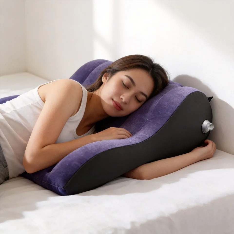 Portable S-curve Inflatable Air Sofa Wedge Bolster Body Support Seat Bed Cushion  PVC Flocking Travel Furniture
