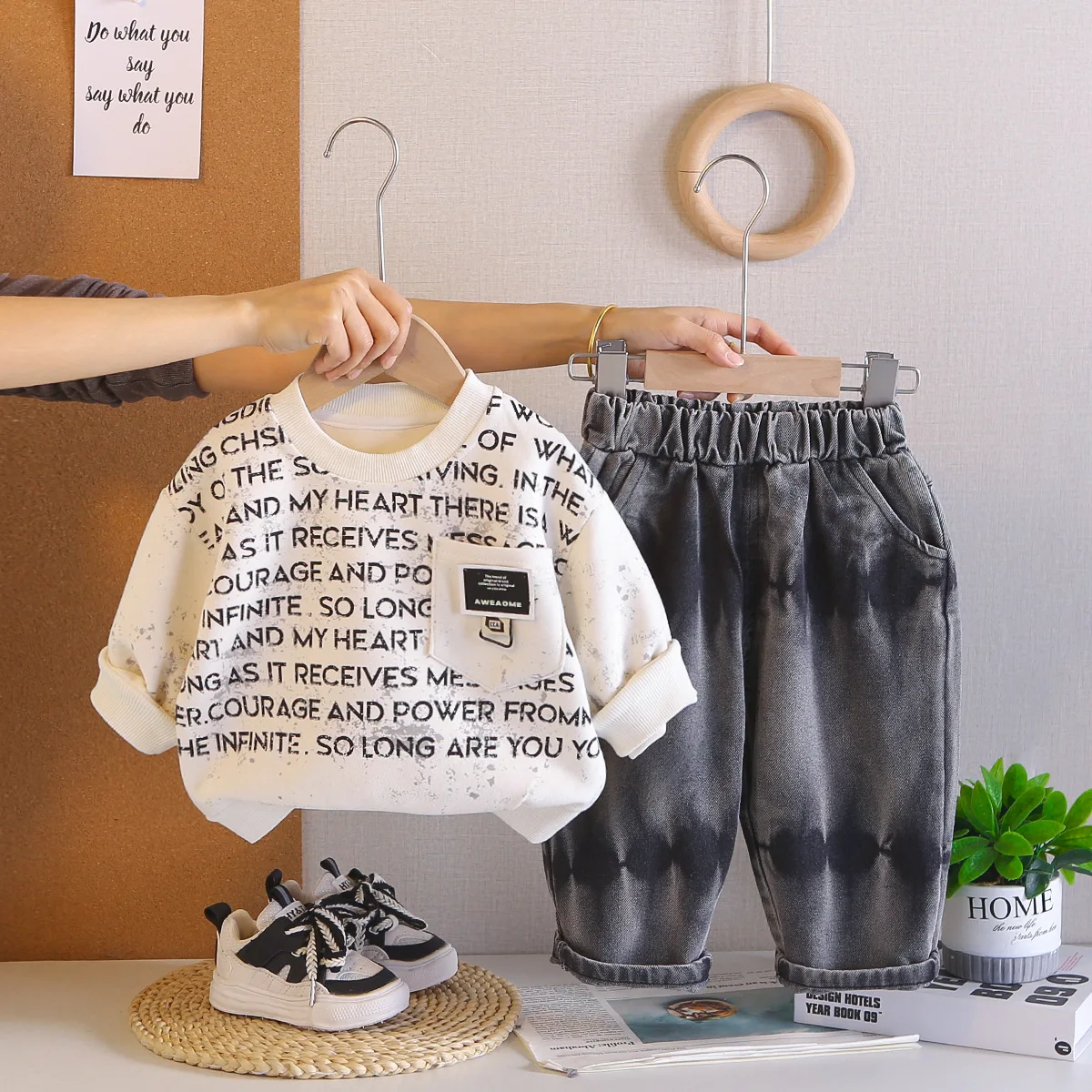 2025 New Spring Kids Boys 2 Piece Outfits Letter Print Sweatshirt + Tie Dye Jeans Set Toddler Baby Boy Casual Streetwear Clothes