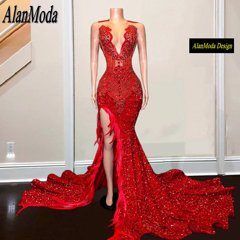 

Black Girls Red Prom Dresses With Split Diamond Feathers Mermaid Party Gowns Long Sequin Robes De Soirée 2024