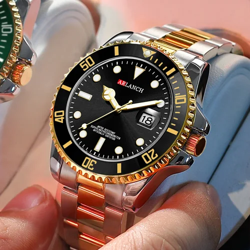 Reloj de cuarzo para hombre, correa clásica de acero inoxidable, estilo informal de negocios, esfera negra dorada de 40mm, relojes de serie impermeables 3Bar