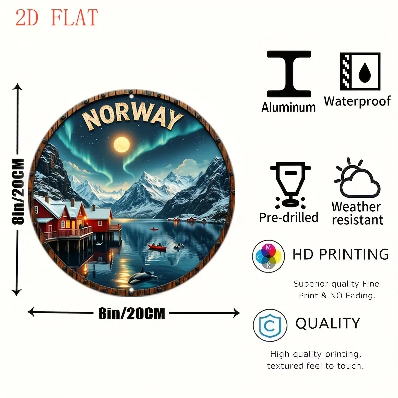 2D Flat Round 20cm Aluminum Wall Plaque, Norway Aurora Fjord Red Cabin Landscape Print Sign, Travel Home Decor