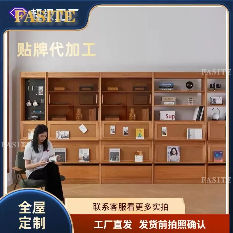For Nordic Solid Wood Bookcase Living Room Whole Wall Combination Cabinet Japanese Cherry Wood Floor Bookshelf Simple Design