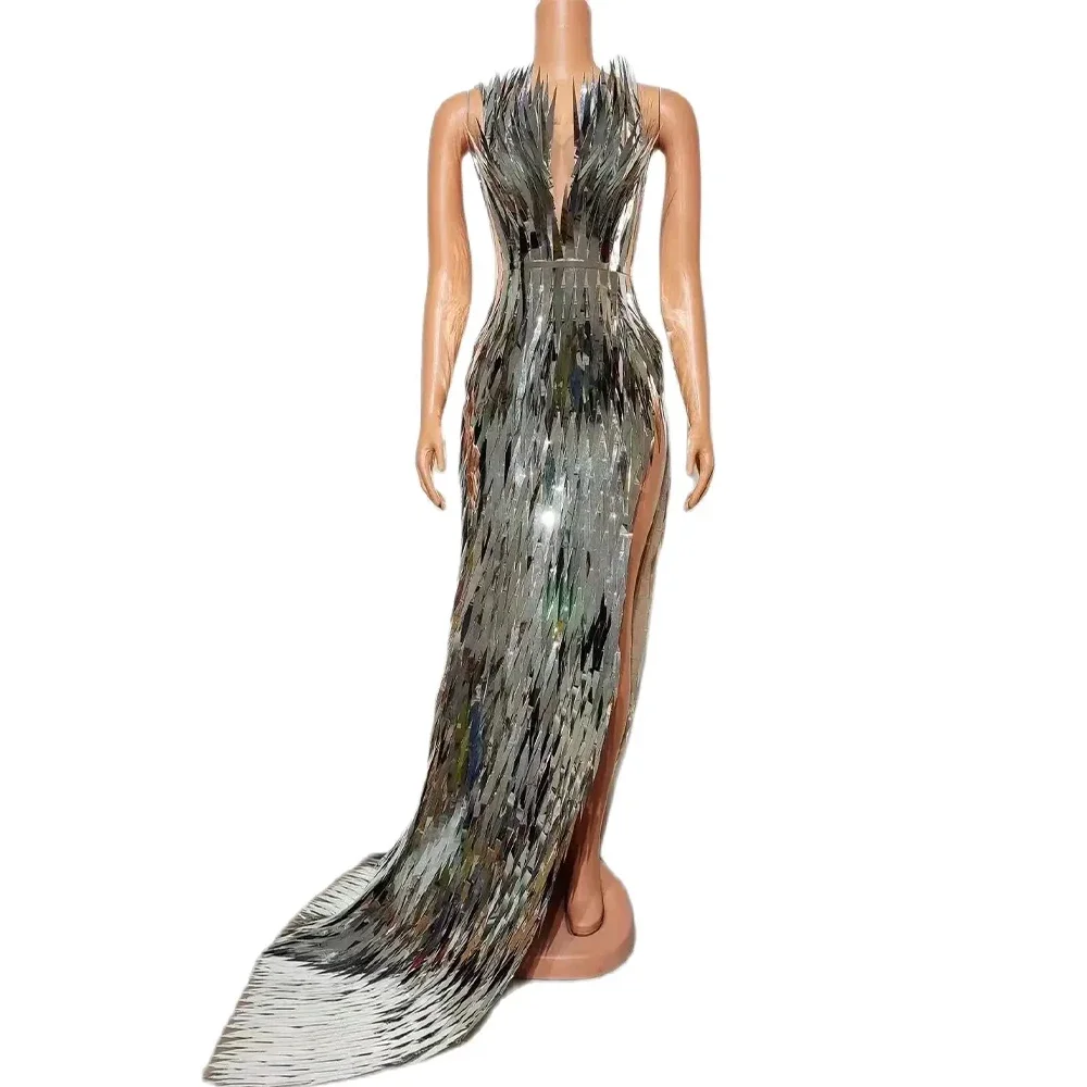 Robe tube longue à paillettes argentées brillantes pour femmes, robe de soirée sexy, tenue de Rhd'anniversaire, costume de scène, tenue de séance photo