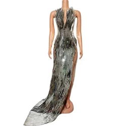 Sexy Stage Shiny Silver Sequins Long Train Tube Dress Evening Prom Birthday Celebrate Dress Women Photo Shoot Wear Stage Costume