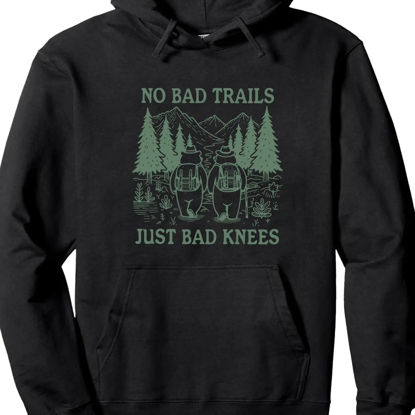 

Толстовка с капюшоном No Bad Trails, черный, зеленый, с принтом для походов, большой пуловер большого размера на открытом воздухе, просто плохое колено, текст с дизайном горной сосны ​