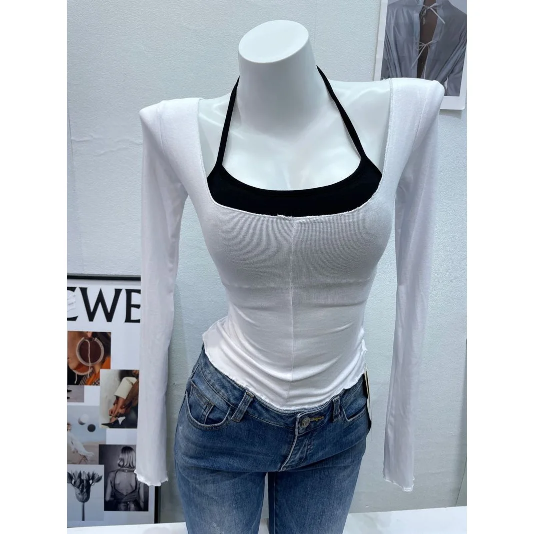 

Korean Sle Pure Desire Sexy Strap Long Sve T-irt Two-Piece Set Color Blo Top Tight Base irt Inner Wear for Girls