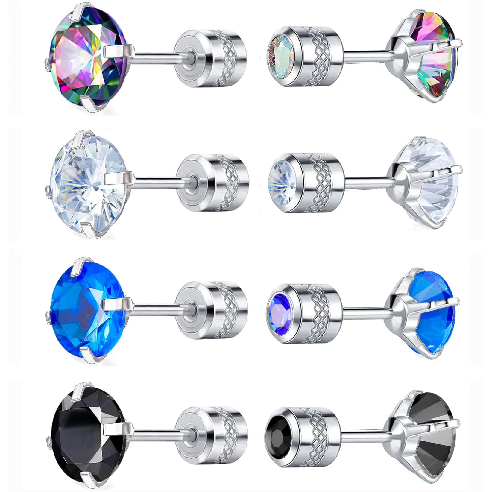 1/4 Pairs Simple Fashion Stainless Steel Double-side Round CZ Screw Flat Back Stud Earrings for Men Women Daily Wear Jewelry