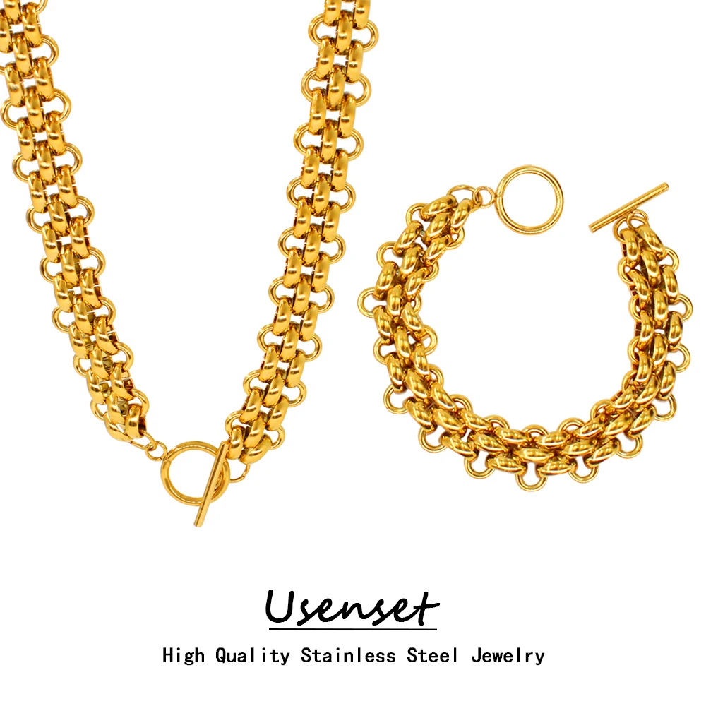 

USENSET Bohemia Charm Stainless Steel Chain Jewelry Set 13mm Chunky OT Clasp Exquisite Gold Color Accessories for Women Gift
