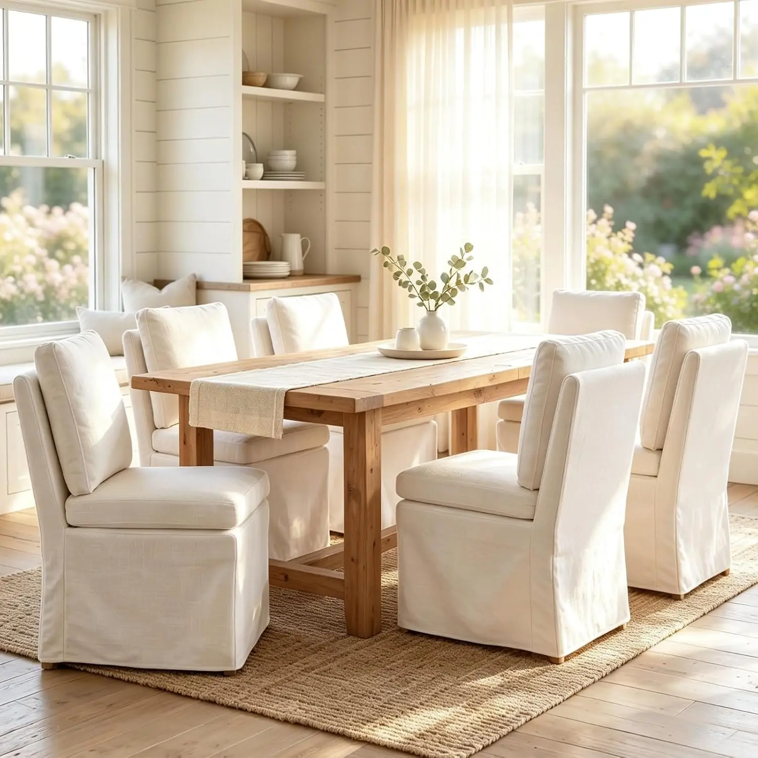 Slipcovered Dining Chair Set of 6, Upholstered Armless Dining Chair with Skirted Base, Linen Fabric Single Sofa Chair, Custom