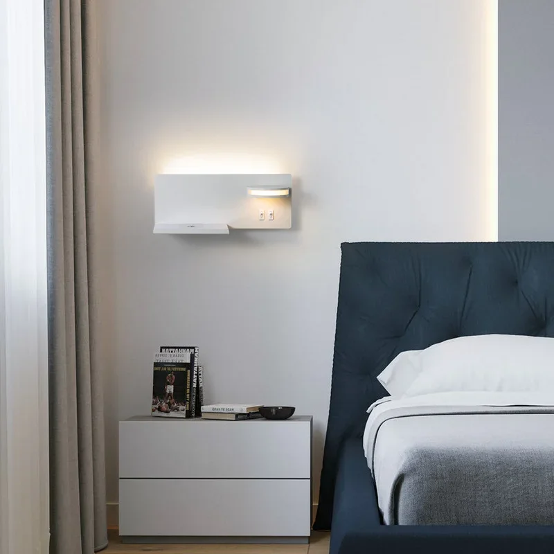 LED Bedroom Wall Lamp with Storage Shelf, Wireless Phone Charging + USB, Dual Light Reading Sconce for Hotel B&B