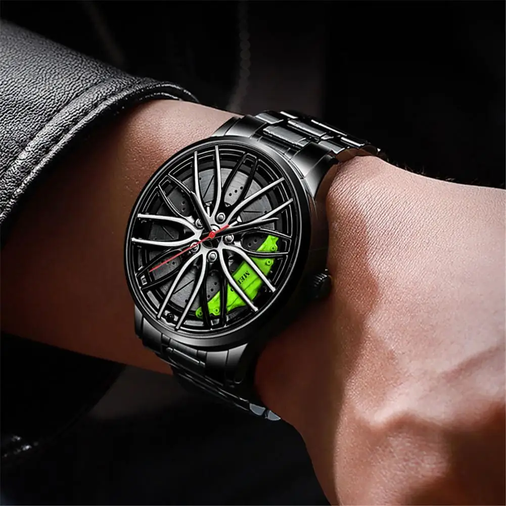 Men Quartz Watch Round Hidden Clasp Chronograph with Car Wheel Rim Hub Design Automatic Quartz Wristwatch Classic Male Clock