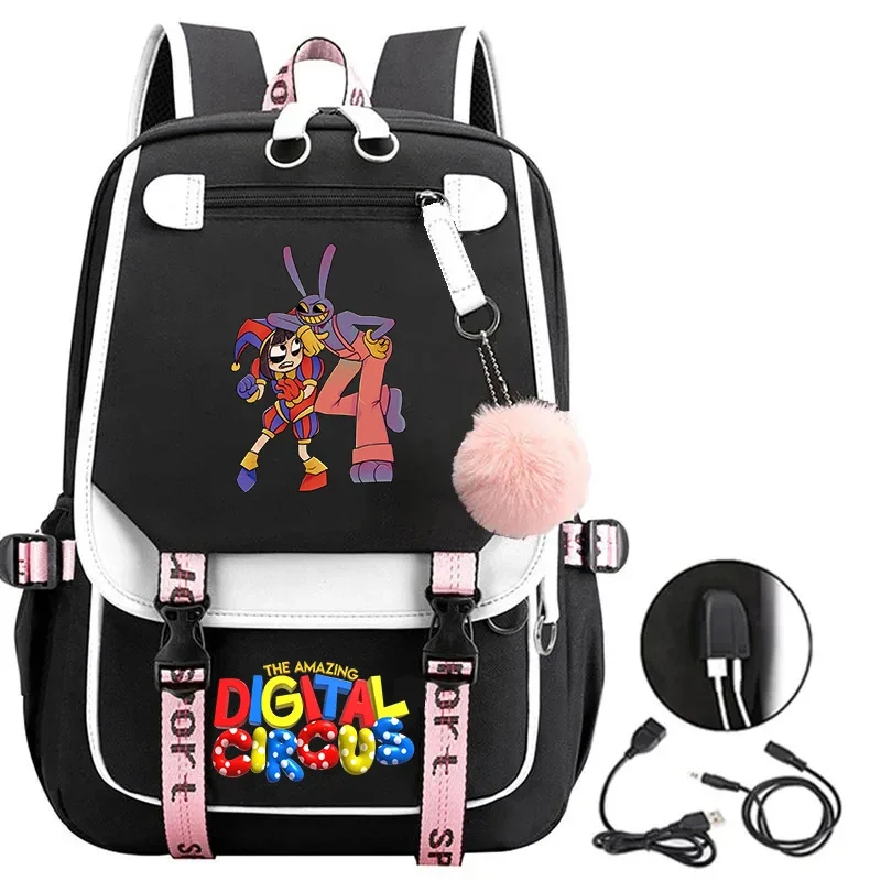 Pomni-A incrível Circo Digital USB Carregamento Mochilas, Sacos De Escola Dos Desenhos Animados, Mochila Estudante, Saco Do Portátil Adolescente, Moda Meninas