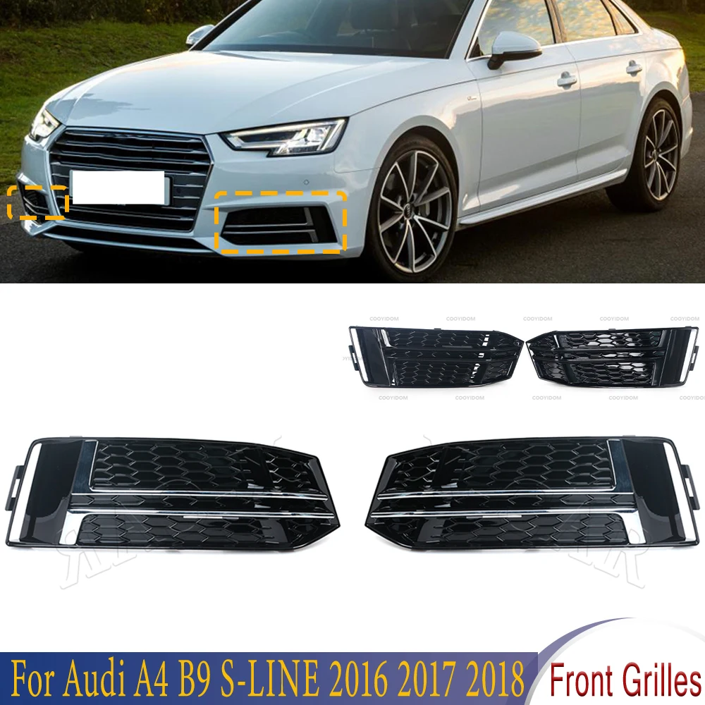 1Pair For Audi A4 B9 S-LINE 2016 2017 2018 Front Bumper Fog Light Lamp Grille Cover Trim Frame Cap Lid 8W0807681F 8W0807682F