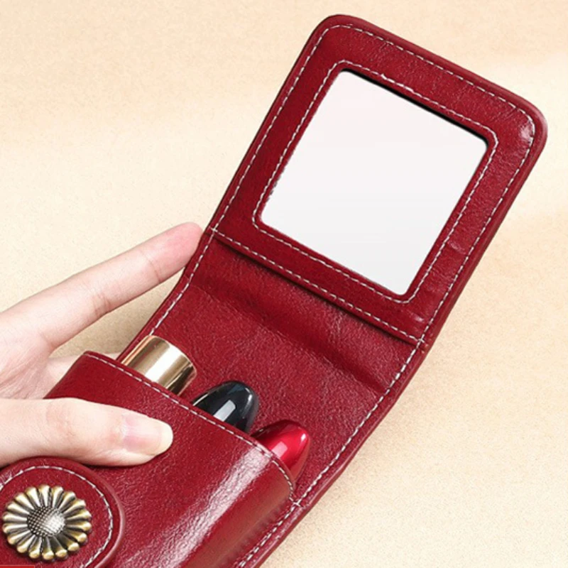 New Women Lipstick Bag Wallet Fashion Portable Makeup Bag with Mirror Lipstick Case Woman PU Leather Toiletry Storage Box Purse