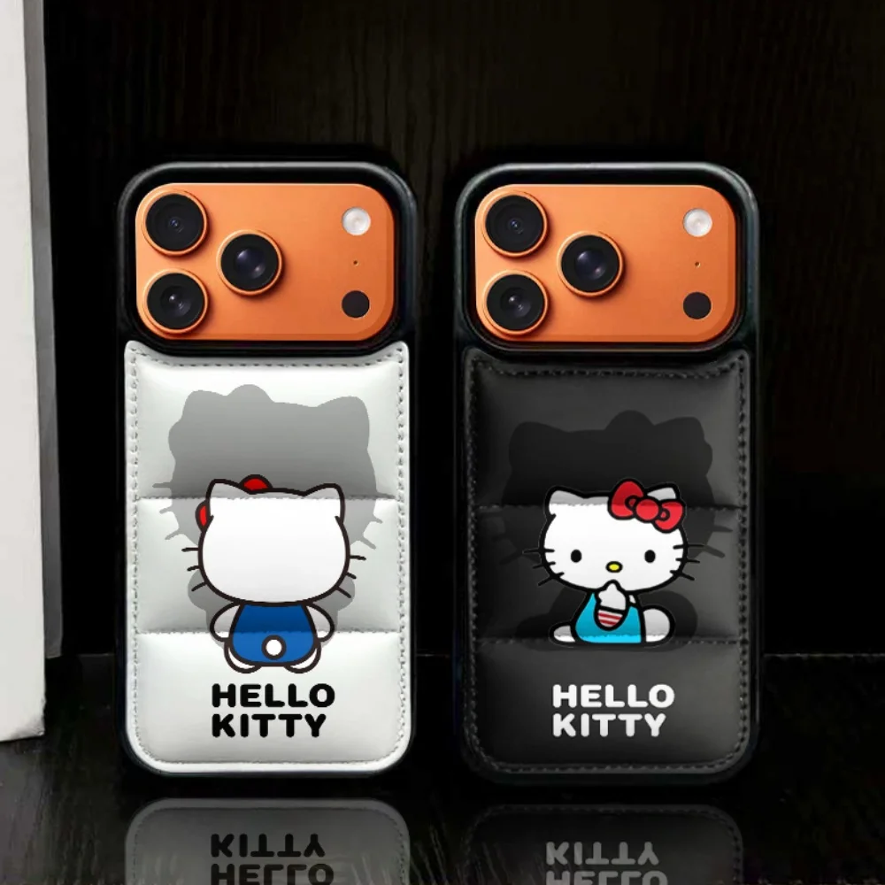 Cute KT Back Down Luxury Down Jacket Cloth Phone Case for iPhone 11 12 13 Pro 14 15 16 Plus 17 Pro Max Air Soft Silicone Cover