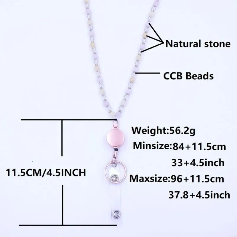 U2JE Retractable Lanyard Natural Stone Lanyard Untuk Kunci Dan Lencana Dapat Ditarik Manik -manik Batu Alam Lanyard Untuk