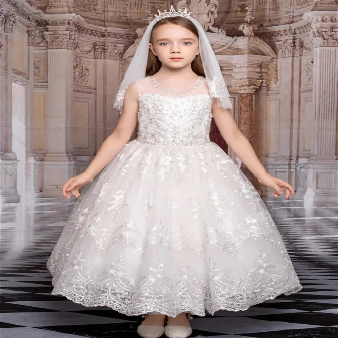

Белое платье с цветочным узором для девочек по индивидуальному заказу, тюлевое кружевное платье с цветочной вышивкой и бантом для свадьбы, дня рождения, выпускного вечера, платье для причастия