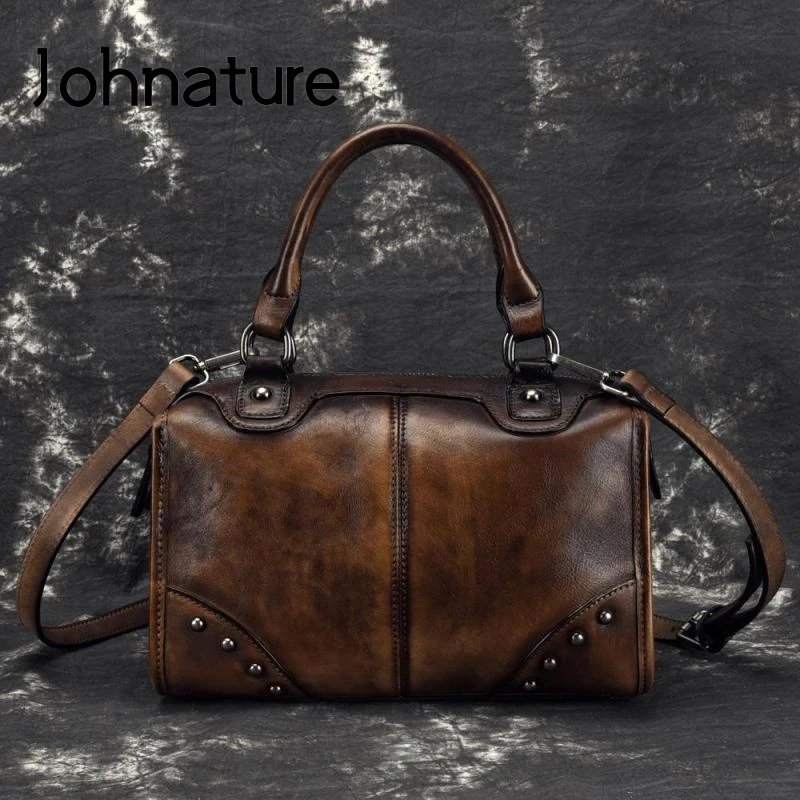 Johnature Vintage Handbag 2024 New Genuine Leather Women Bag Leisure Large Capacity First Layer Cowhide Female Shoulder Bags