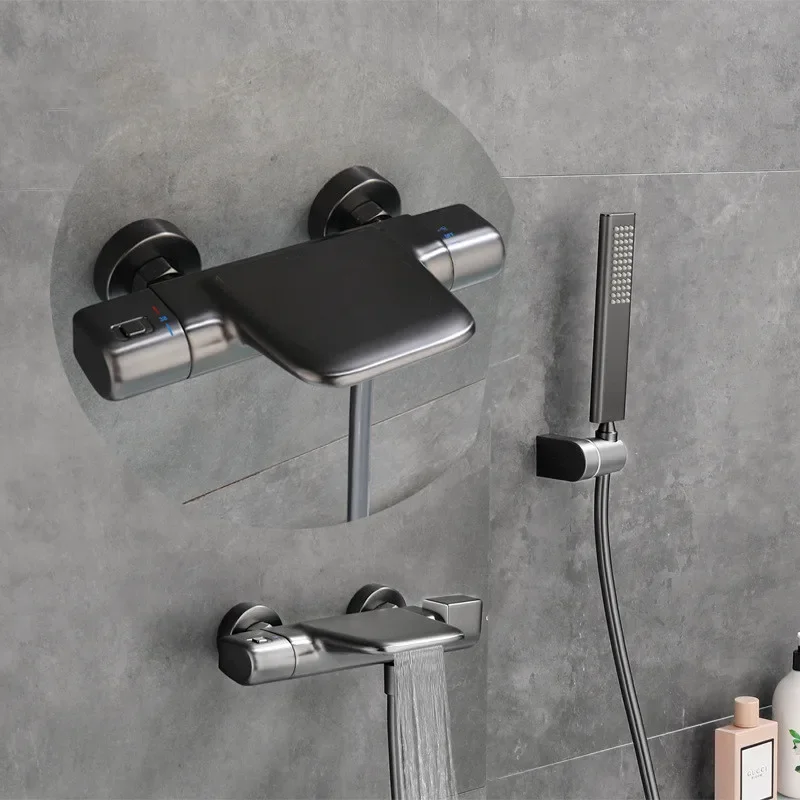 

Bathtub Set Wall Mounted Black Thermostatic Faucet Set White Bathroom Waterfall Bath & Shower Mixer Tap Brass