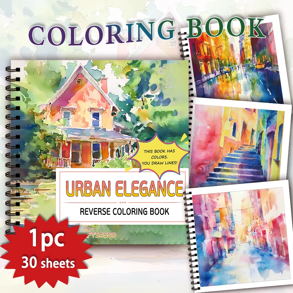 1pc Watercolor Architecture Reverse Coloring Book, 30 Thick Pages 100gsm,Creative Lines Activity,Perfect Gift for Family Friends
