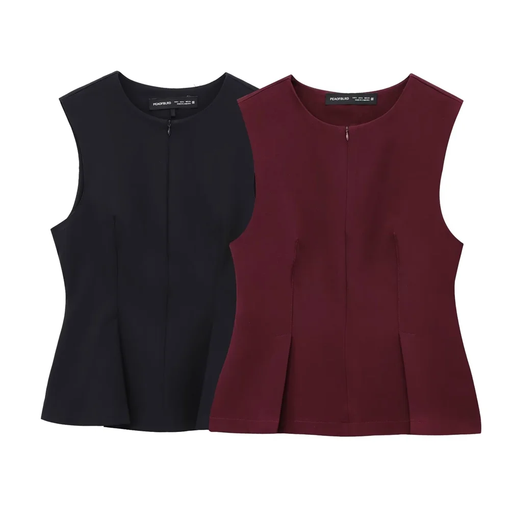

2024 RARF Winter New Product Women's Fashion Casual Solid Color Round Neck Sleeveless Waist Fold Top