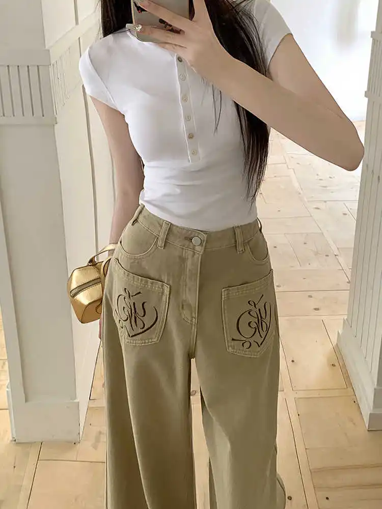 

Khaki Color Womens Jeans High Waist Vintage Straight Baggy Pants Cargo Design Sense Streetwear American Wide Leg Denim Trouse