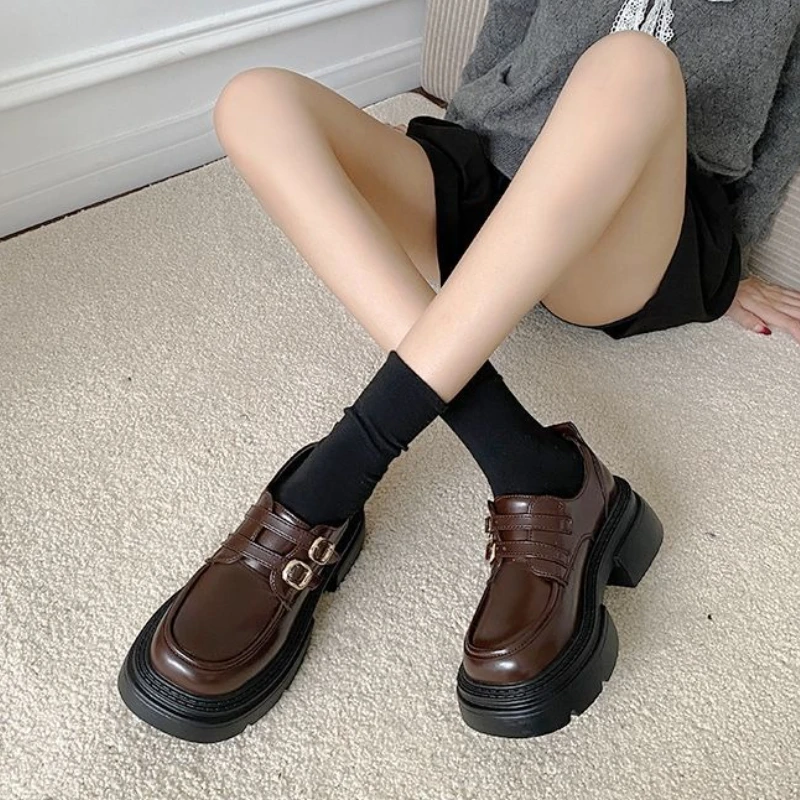 

2025 New Vintage British Women JK Mary Jane Loafers Height Increasing Leather Shoes Black Maillard Brown Versatile