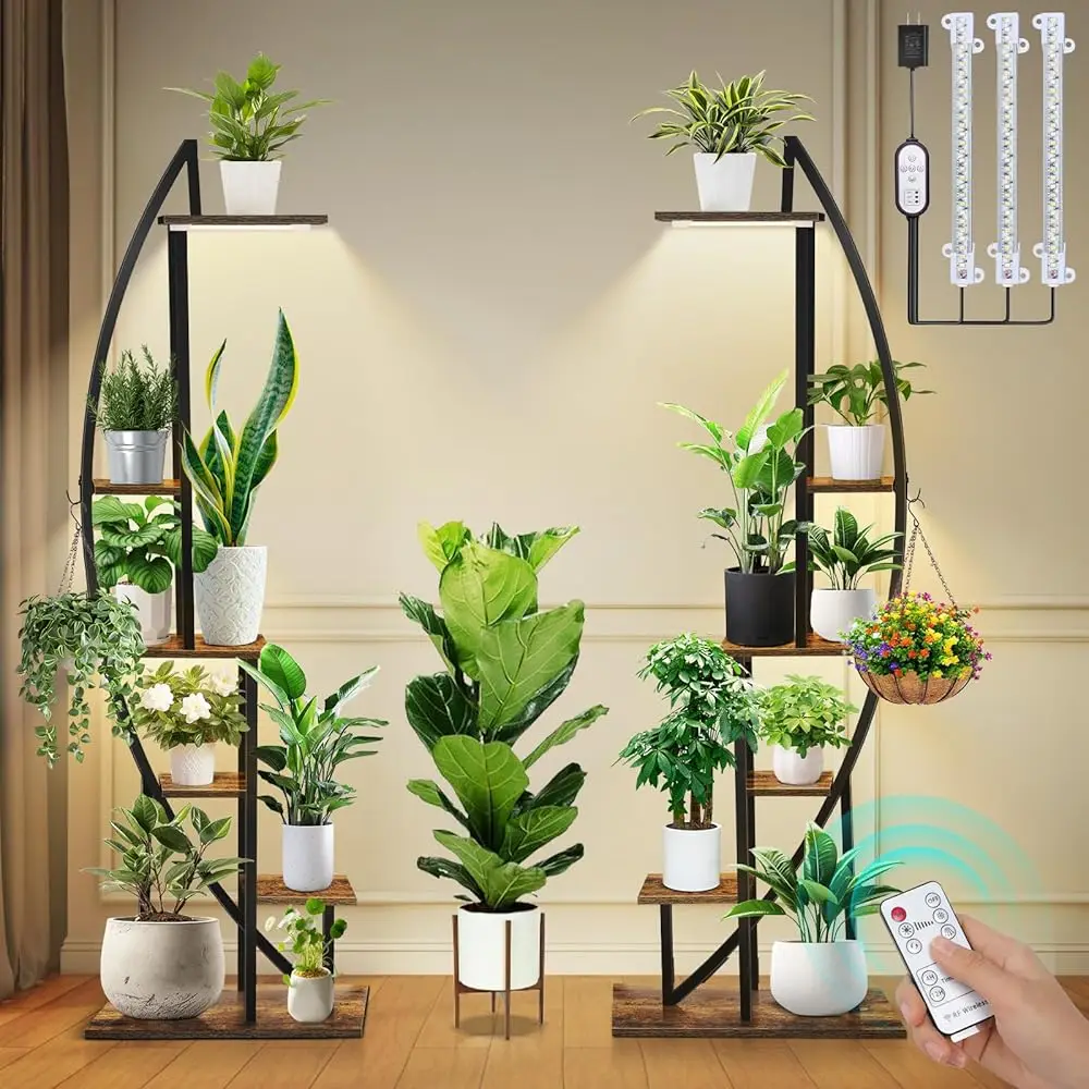 

65"" Tall Plant Stand Indoor With Grow Lights & Remote Control & Auto Timer, 6 Tier 2 Pa Half-Moon Metal Flower Ra With Full