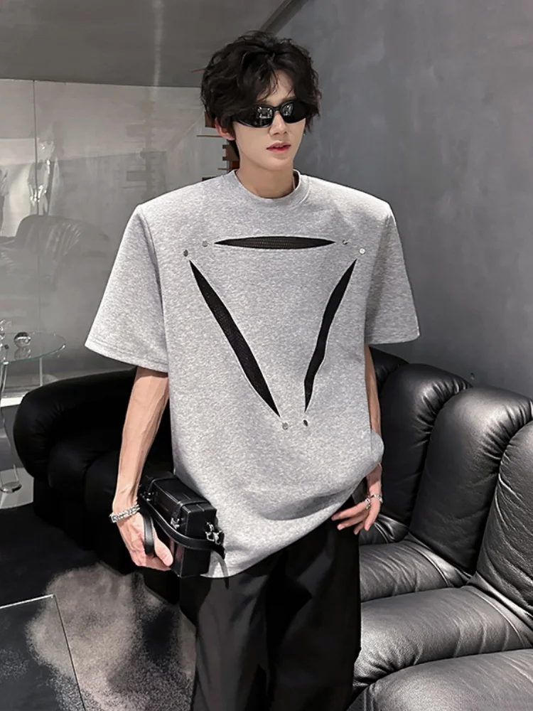 

American High Street oulder Pad Me Splicing ort Sve Men's Summer Unique Design T-irt Youthful ular Loose Fit