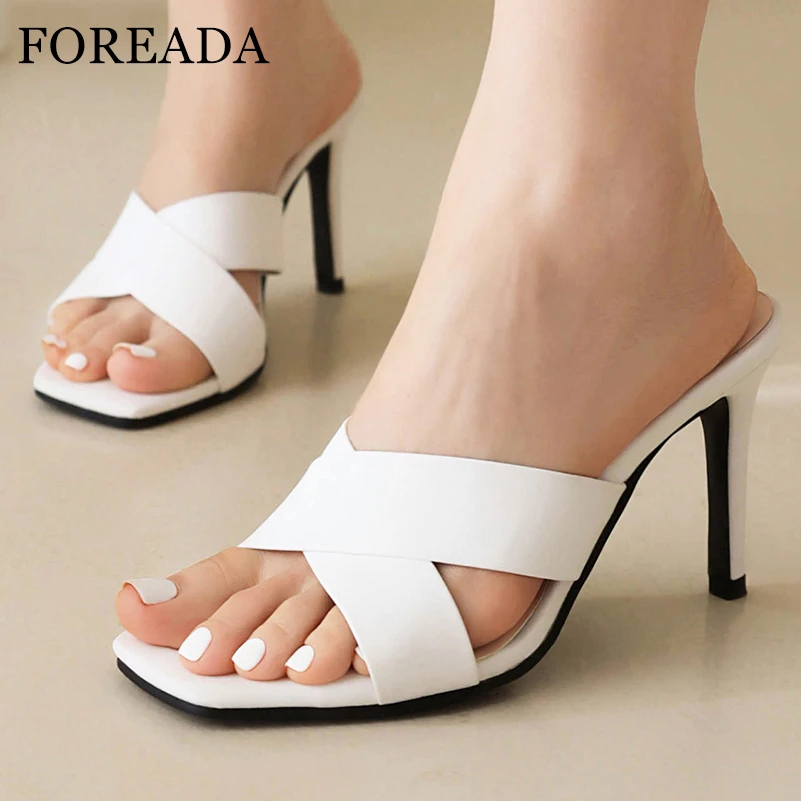 FOREADA-Sandalias de tacón alto fino con punta cuadrada para mujer, Zapatos de diseño Sexy, a la moda, color blanco y negro, 46