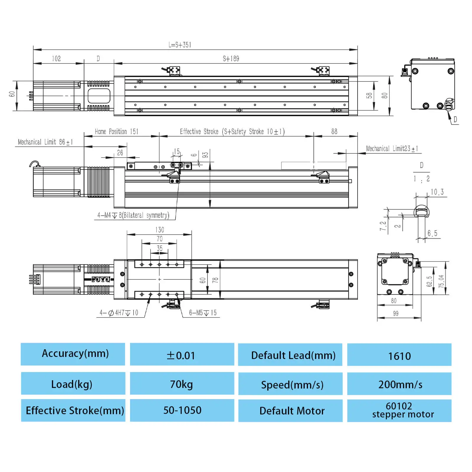 CNC Z Axis Ball Screw Driven Aluminum Dustproof Linear Actuator With Motor 70kg Load Capacity 200mm/s Speed