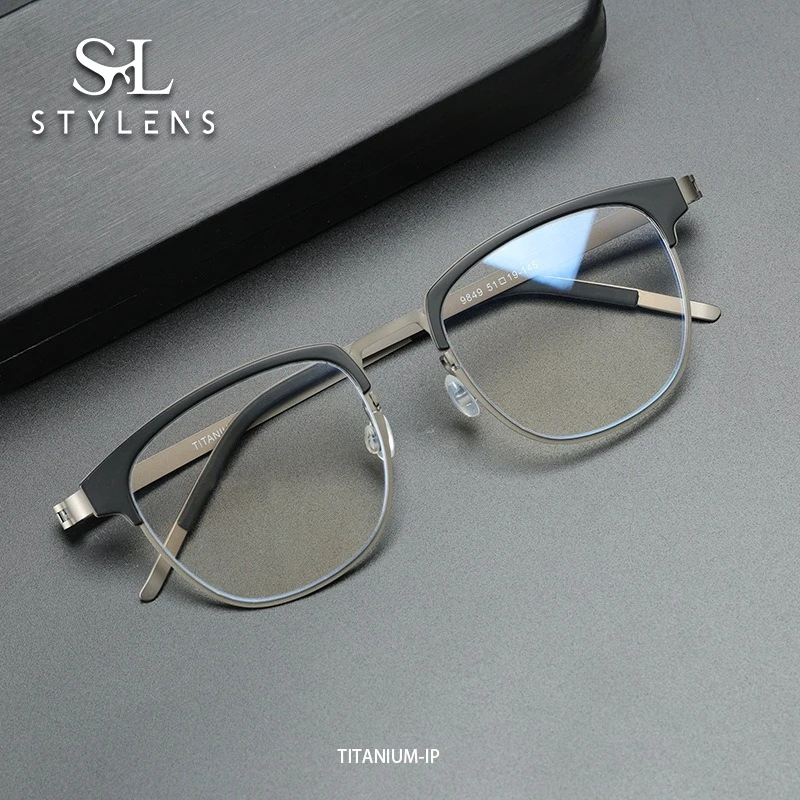 

STYLENS Business Ultralight Pure Titanium Glasses Men's Square Reading Glasses Anti Blue Light Prescription Customization 9849