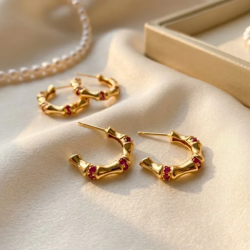 

Certified 925 Pure Silver Natural Ruby C Shape Hoop Circle Ring Earrings for Women Luxury Gifts Fine Ear Stud Chic Jewellery