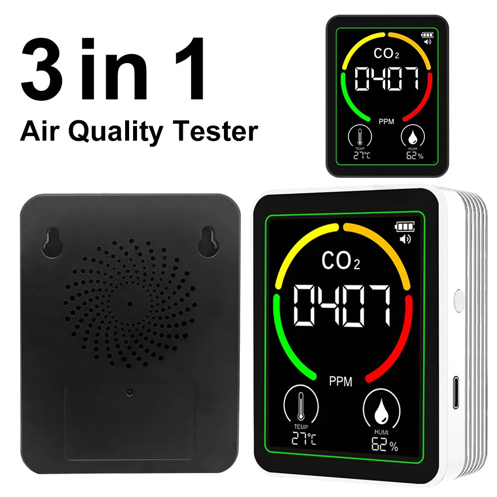 3in1二酸化炭素検知器 LEDデジタルディスプレイ CO2空気質テスター バックライト付き温室ガスモニター 空気質検知