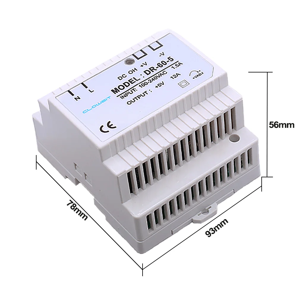 

Cloweit DR-60W с одним выходом, переключатель питания 5 В, 12 В, 24 В, промышленное крепление на DIN-рейку для электроники
