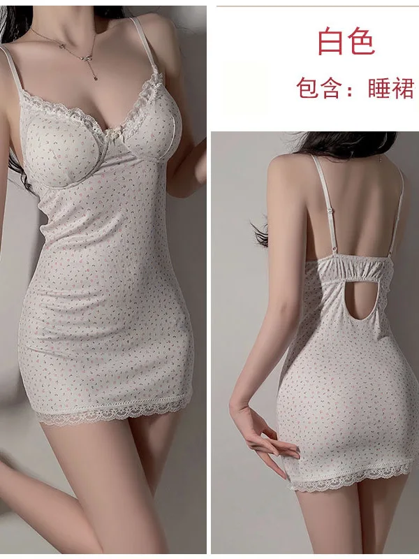 sweet Fragmented Flower Lace Camisole Splice With Chest Cushion Deep V Temptation Sexy Open Back Sheath Wrap Buttocks Dresses T7