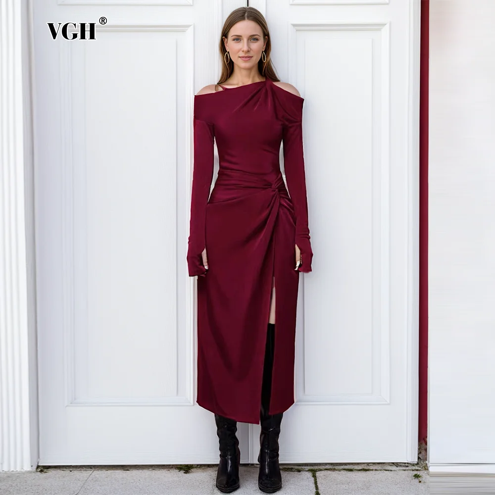 

VGH Solid Hollow Out Elegant Dresses For Women Diagonal Collar Long Sleeve High Waist Temperament Folds Dress Female Fashion New