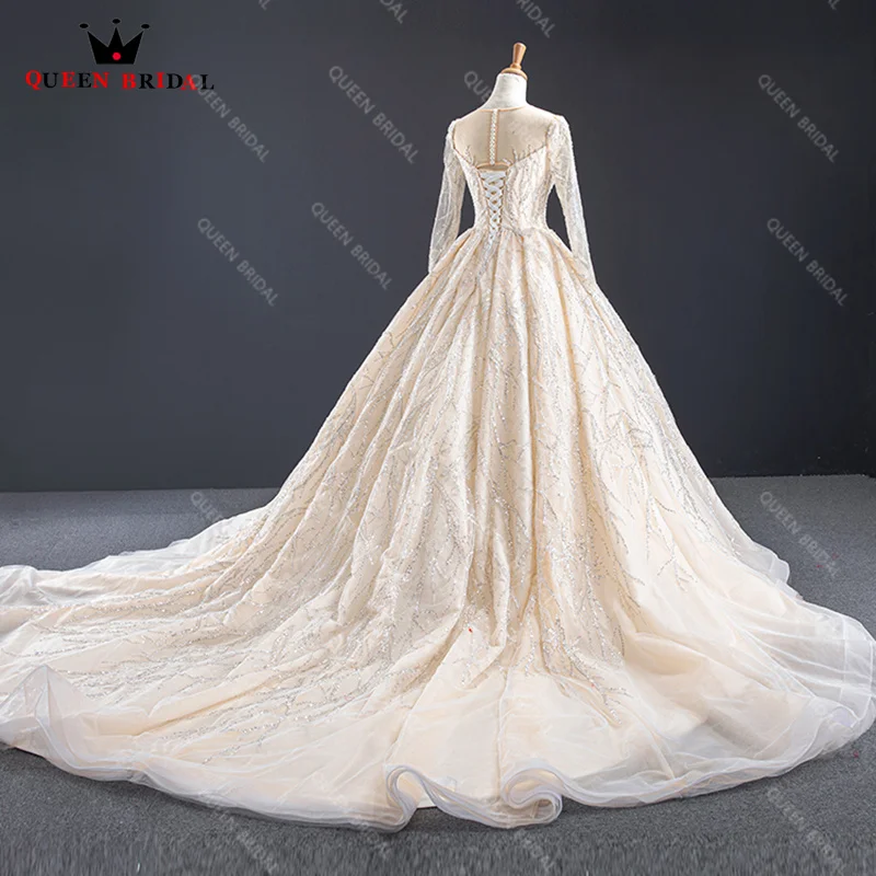 Exquisito vestido de novia champán, ilusión de cuello redondo, mangas largas, vestido de novia de baile, vestido de novia con lentejuelas de encaje, hecho a medida XX05