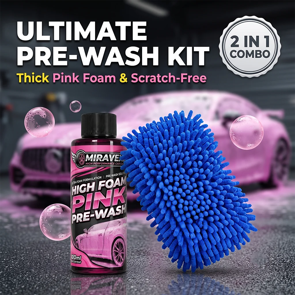 MIRAVEXL Pink Pre-Wash Foam & Chenille Mitt Set: Professional Auto Detailing Supplies for High-Foam Wash & Ultra-Soft Care