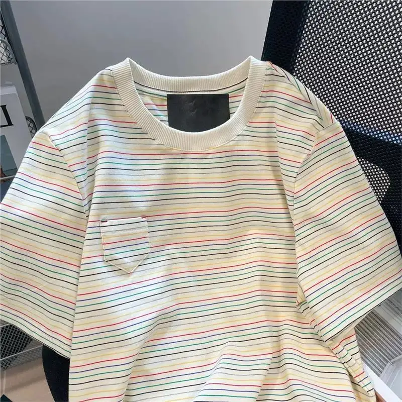 ルーズフィットレインボーストライプ半袖Tシャツ2300ポンドプラスサイズ韓国スタイル夏新着スリミングドーパミントップ