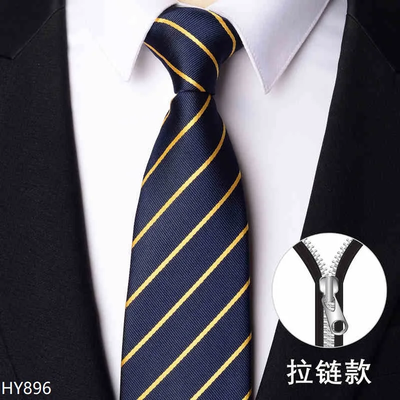 最高品質のネイビーブルーのストライプ柄メンズジッパータイ、ビジネスフォーマル、結婚式、宴会用、8cm幅、ジッパー式、結び目なしタイ