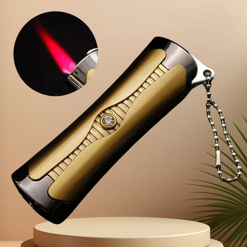 Outdoor Windproof Pendant Lighter, Portable Electroplated Metal Inflatable Jet Style Red Flame Diamond Inlaid Lighter Men's Gift