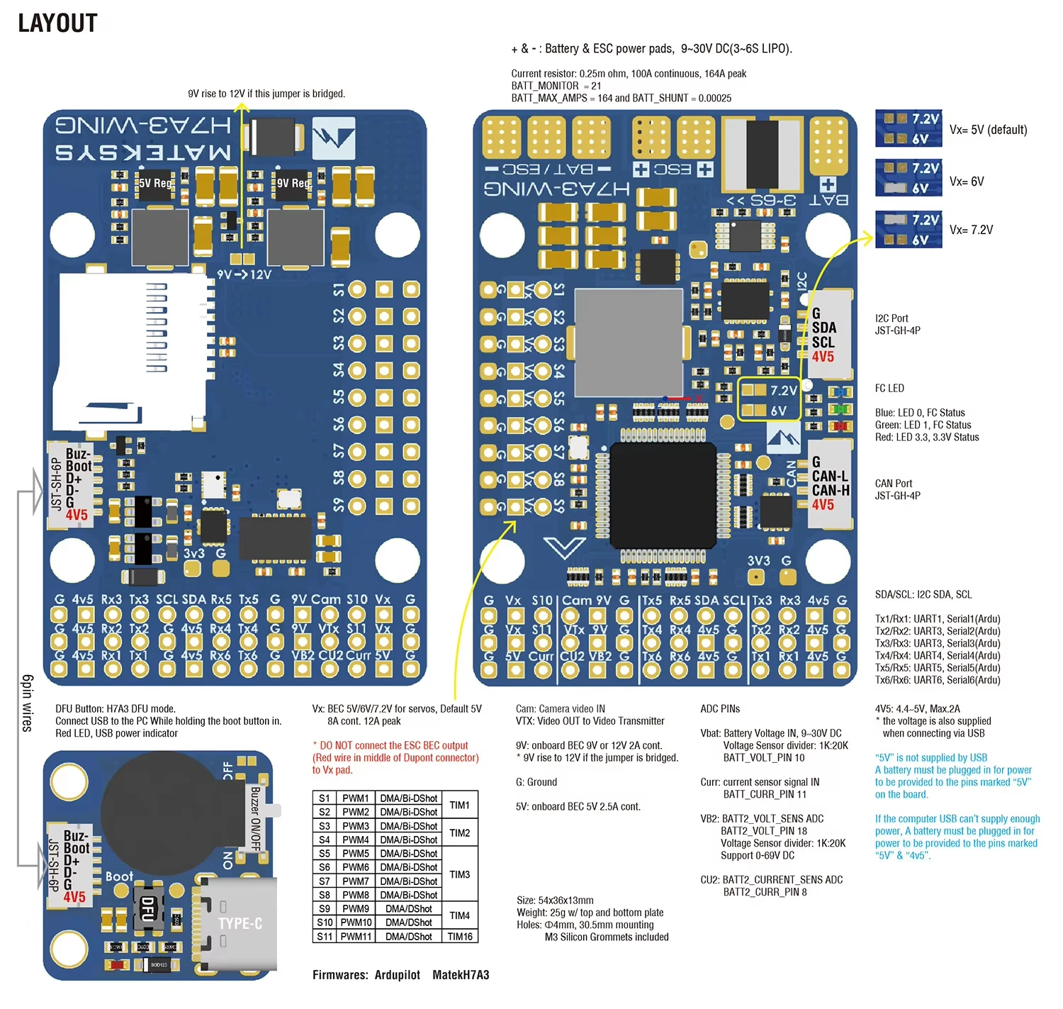 MATEK Mateksys Flight Controller H7A3-WING STM32H7A3RIT6 ICM42688P 3-8S Built-in OSD For RC Multirotor Airplane Fixed-Wing Drone - view 6