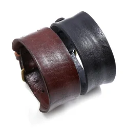 fuyo Vintage Single Layer Cowhide Leather Wide Wristband Adjustable Cuff Bangles for Men Women Friendship Bracelets
