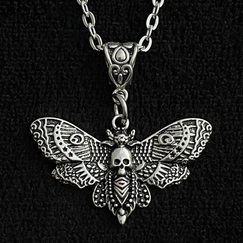 Death Moth Necklace Pendant 20 inch Chain Sugar Skull Gothic Butterfly Rock Emo Goth Silver Color 20 inch Strong Chain