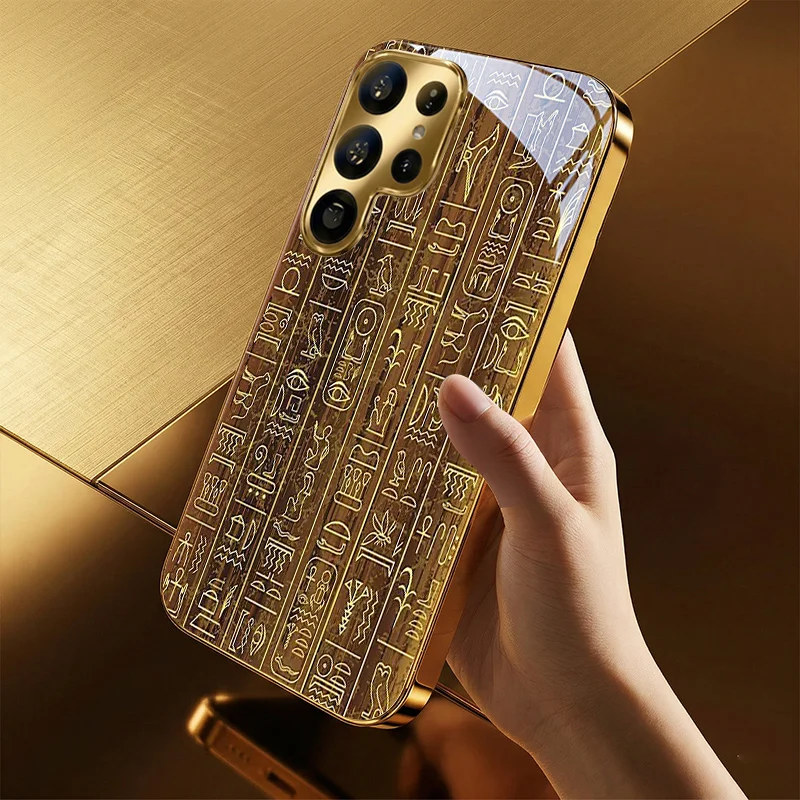 High-end Egyptian hieroglyphic electroplated glass phone case for Samsung Galaxy S26 S25 S24 S23 S22 S20FE/Ultra/Plus drop Cover