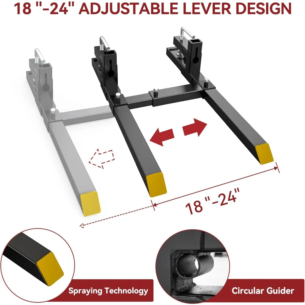 Abrazadera en horquillas para palés, horquilla de cubo de fijación rápida de alta resistencia de 2000 libras con barra estabilizadora ajustable para patín de cargadora de tractor